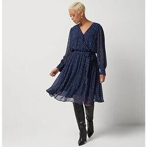 J Jason Wu Navy Blue Polka Dot Faux Wrap Shirred Skirt Dress Size L